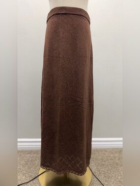 Isabella Bird Brown Silk Cashmere Knit Maxi Skirt XS Argyle Lace Hem